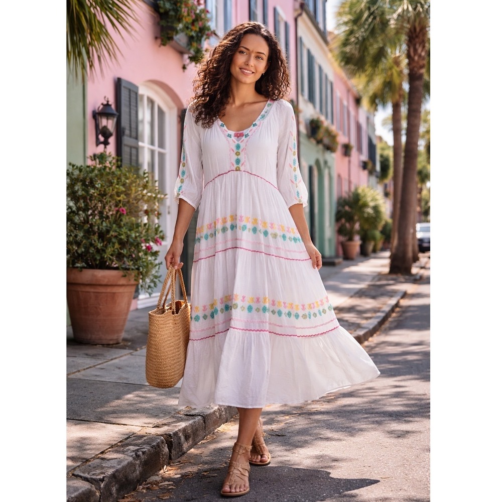 Simply Southern‎ Embroidered Boho Peasant Dress White Cotton Cottagecore Beach S